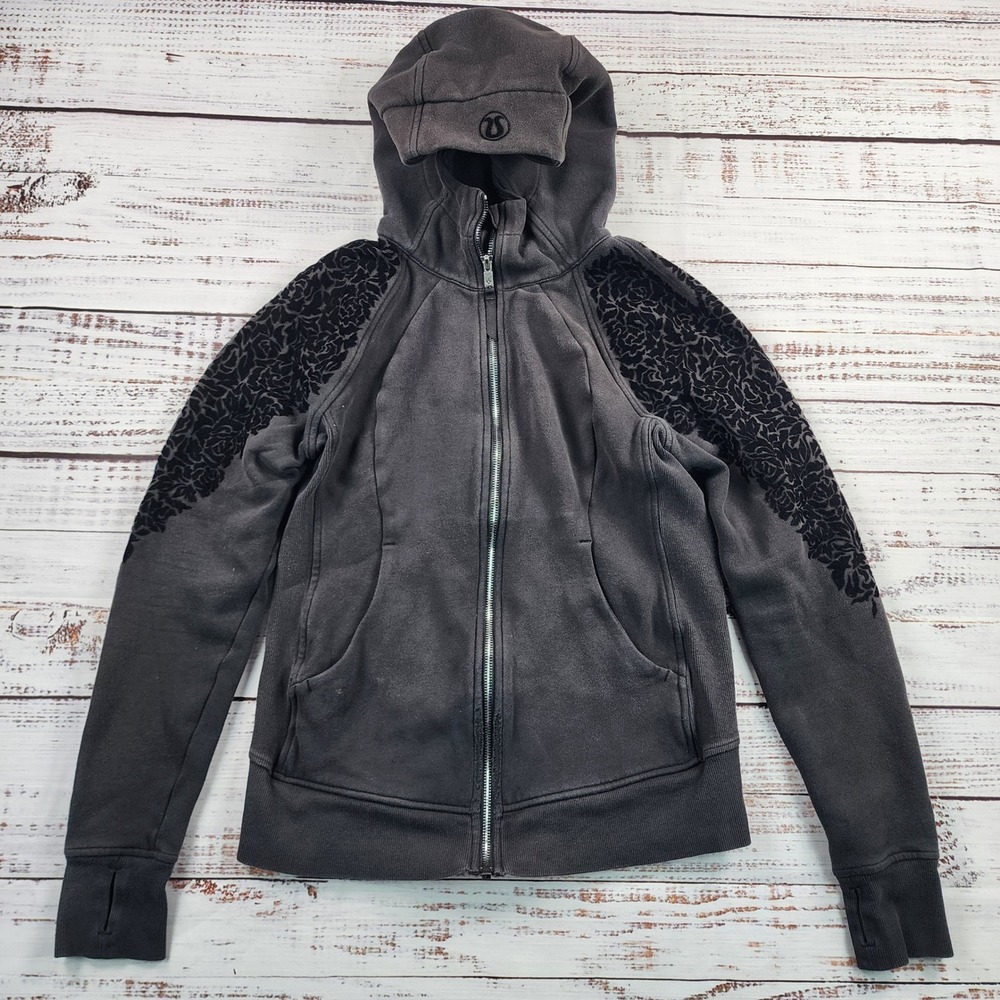 Lululemon Scuba Hoodie Floral‎ Flock Black Light Cotton Fleece Full Zip Jacket 6